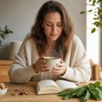 Eine junge Frau sitzt ruhig an einem hellen Holztisch und hält eine Tasse Tee – Konzentrationsschwäche überwinden durch Ernährung.