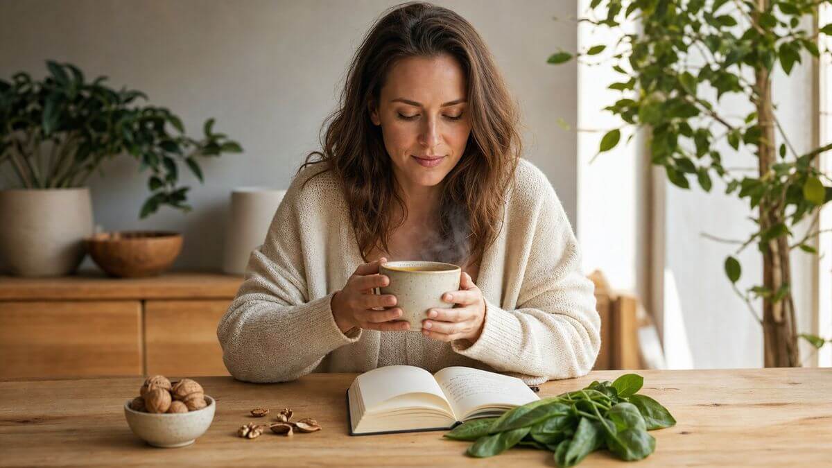Eine junge Frau sitzt ruhig an einem hellen Holztisch und hält eine Tasse Tee – Konzentrationsschwäche überwinden durch Ernährung.