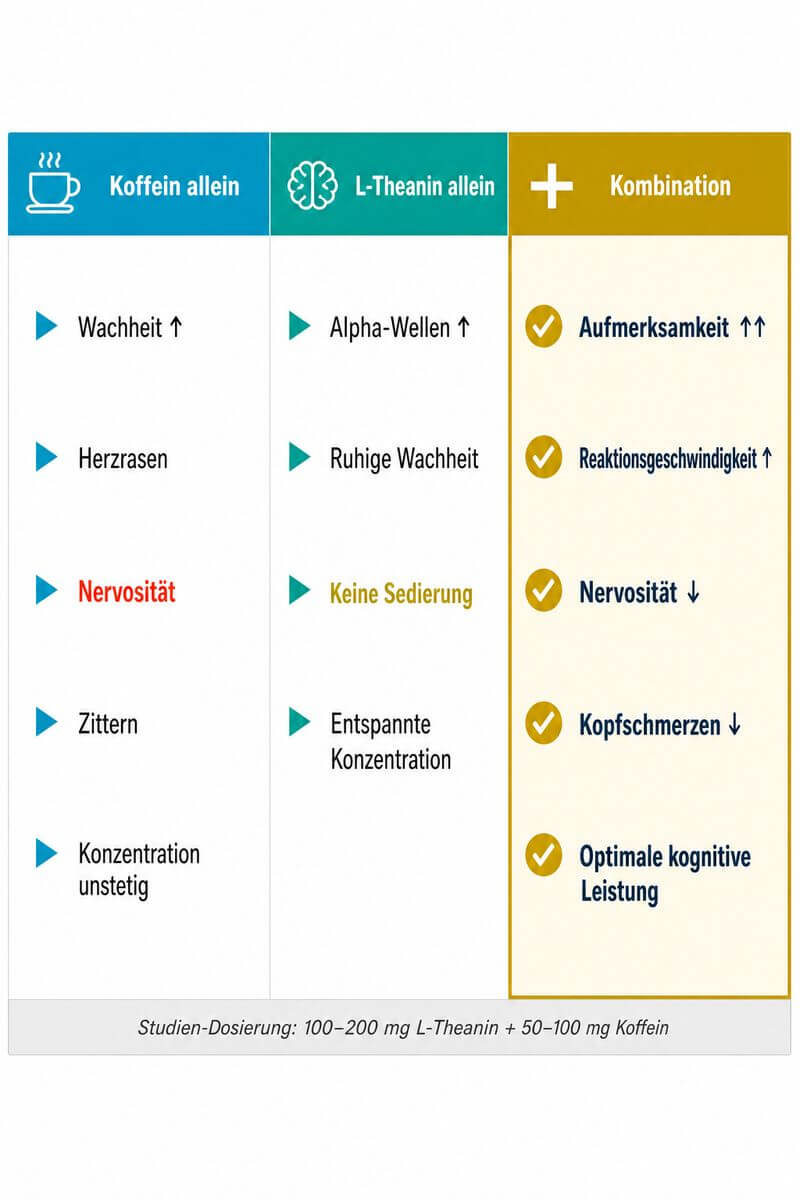 Infografik: Wirkungsvergleich von L-Theanin, Koffein und deren Kombination auf Konzentration und Nervosität.