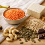 L-Tryptophan in Lebensmitteln: Cashewnüsse, Kürbiskerne, dunkle Schokolade und Haferflocken als pflanzliche Quellen der essentiellen Aminosäure.