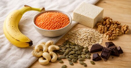 L-Tryptophan in Lebensmitteln: Cashewnüsse, Kürbiskerne, dunkle Schokolade und Haferflocken als pflanzliche Quellen der essentiellen Aminosäure.