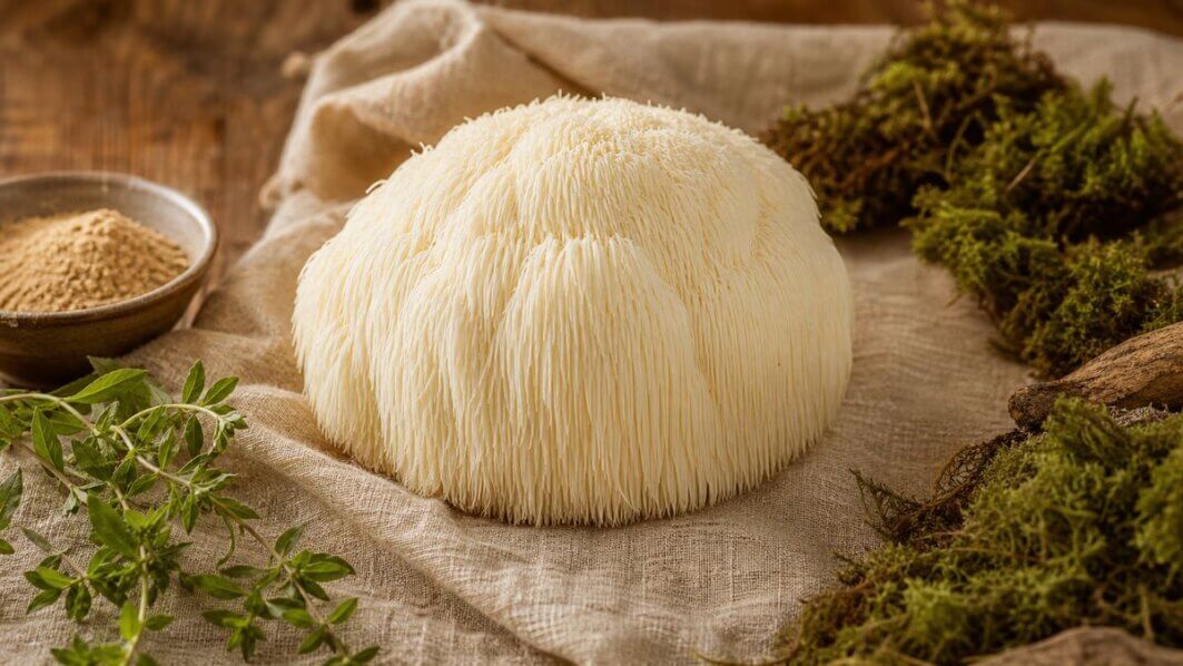 Frischer Löwenmähne-Pilz (Hericium erinaceus) auf Holzuntergrund – natürliches Stillleben.