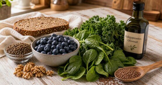 Stillleben mit Heidelbeeren, Spinat, Walnüssen und Hülsenfrüchten als Lebensmittel der MIND-Diät zur Demenzprävention.