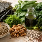 Stillleben mit Algen, Walnüssen, Linsen und grünem Blattgemüse als Nährstoffquellen für die Myelinscheide – Myelin Ernährung Übersicht.