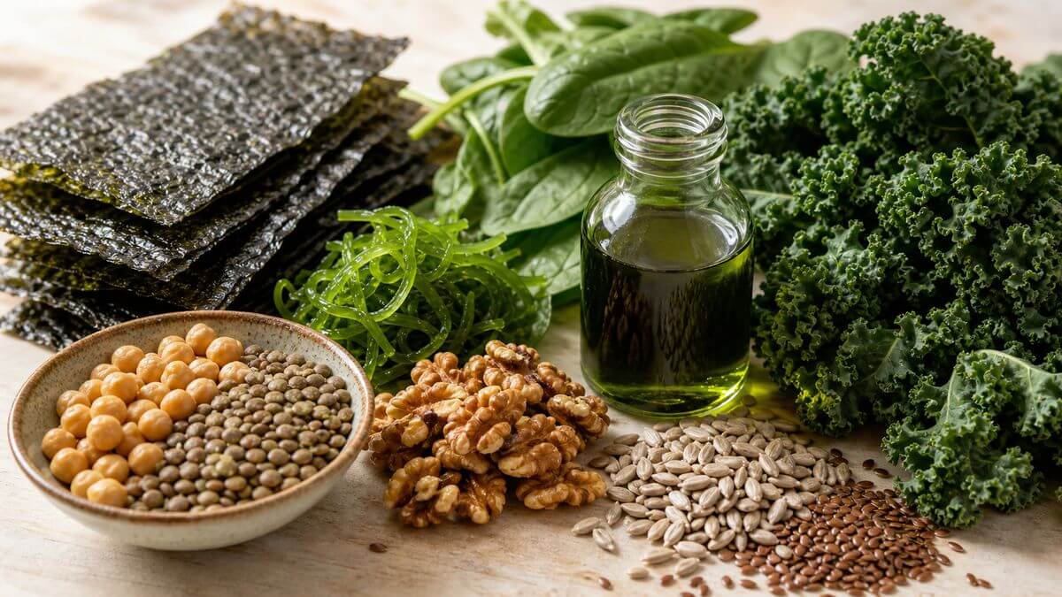 Stillleben mit Algen, Walnüssen, Linsen und grünem Blattgemüse als Nährstoffquellen für die Myelinscheide – Myelin Ernährung Übersicht.