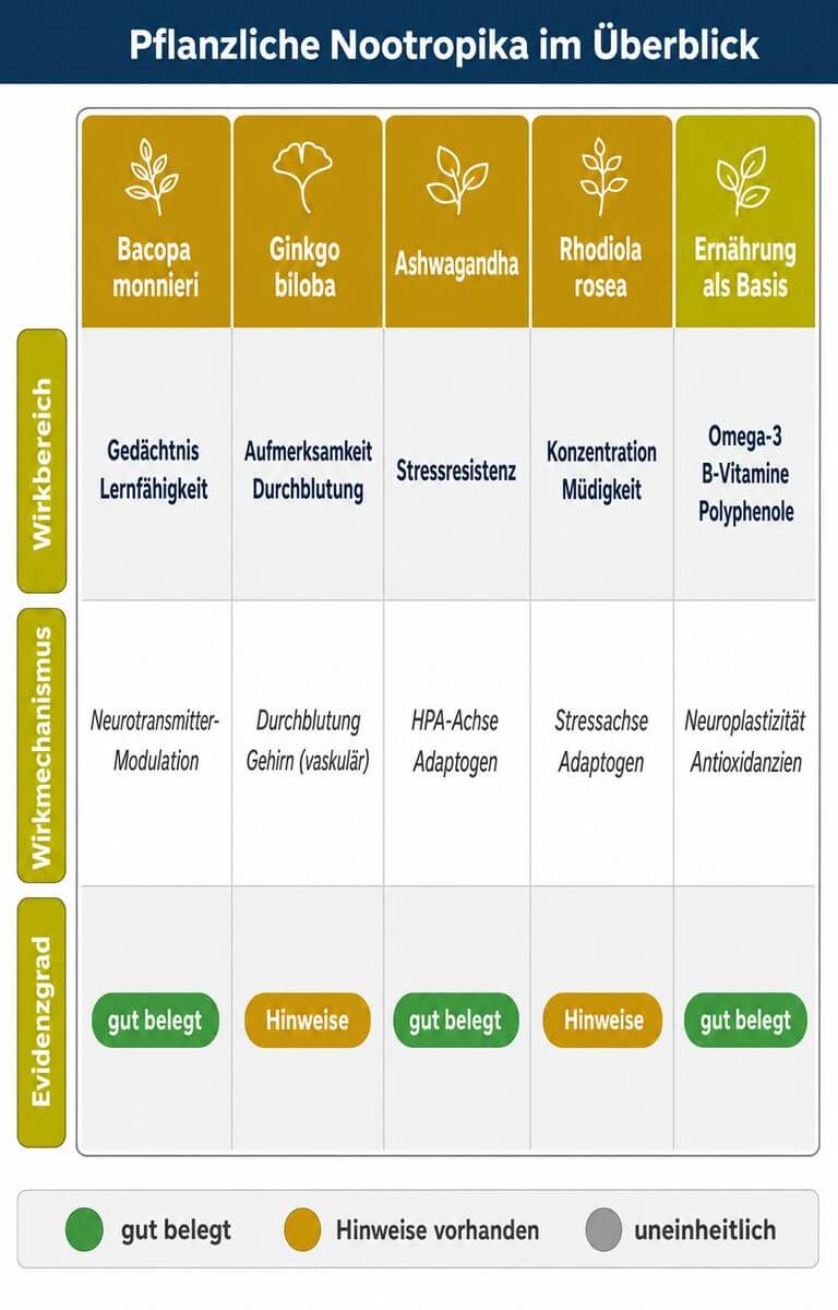 Infografik: Pflanzliche Nootropika im Vergleich – Bacopa, Ginkgo, Ashwagandha und Rhodiola rosea nach Wirkbereich und Evidenzgrad.
