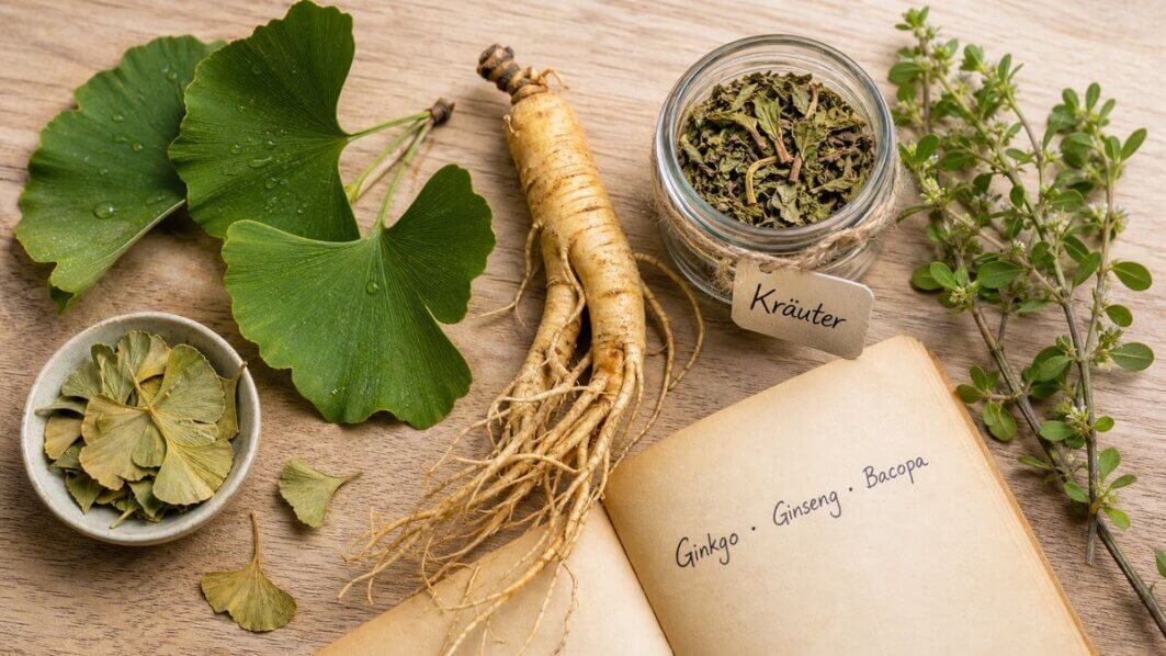 Stillleben mit Ginkgo-Blättern, Ginsengwurzel und getrockneten Kräutern auf Holzoberfläche – pflanzliche Nootropika natürlich arrangiert.