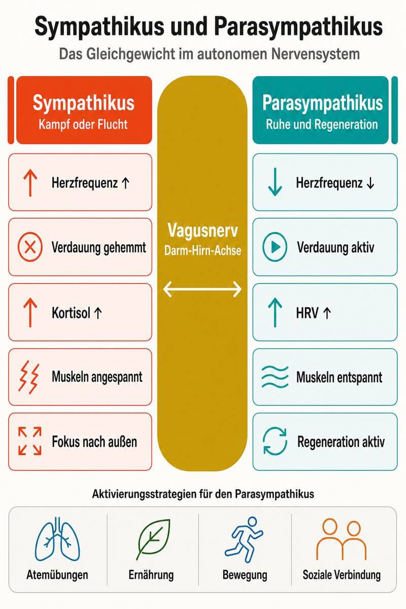Infografik: Sympathikus vs. Parasympathikus – Vergleich der Effekte auf Herzfrequenz, Verdauung und HRV, mit Vagusnerv als zentralem Verbindungsweg.