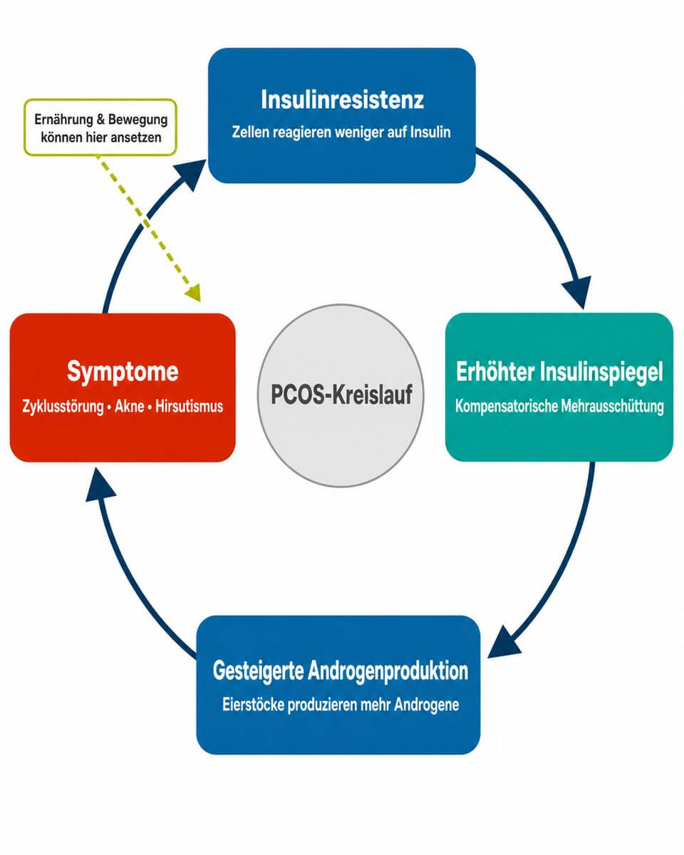 Infografik: Teufelskreis bei PCOS – Insulinresistenz und Androgenüberschuss als sich gegenseitig verstärkender Kreislauf.