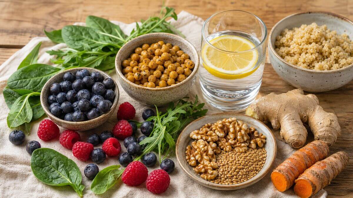 Stillleben mit anti-entzündlichen Lebensmitteln wie Beeren, Blattgemüse, Nüssen und Hülsenfrüchten – geeignet bei PCOS als Ernährungsstrategie.