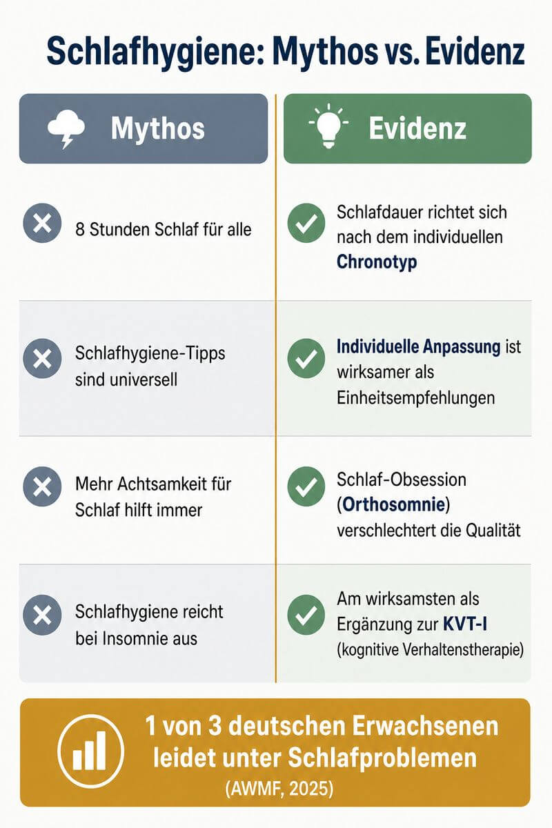 Infografik: Schlafhygiene Mythos versus Evidenz – vier wissenschaftliche Fakten im Vergleich mit Statistik zur Schlafproblem-Häufigkeit in Deutschland.