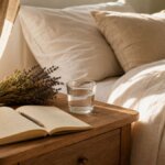 Morgenlicht fällt durch Leinengardinen auf ein ruhiges Schlafzimmer – Symbolbild für natürliche Schlafhygiene.