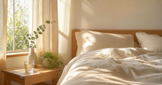 Weiches Morgenlicht fällt durch helle Vorhänge auf frische Bettwäsche – Symbol für erholsame Schlafzyklen und natürlichen Schlafrhythmus.