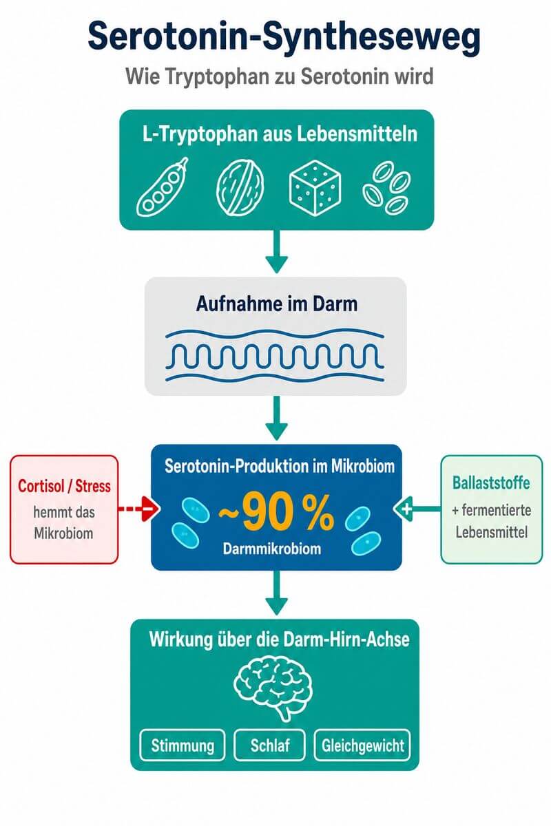 Infografik: Serotonin-Syntheseweg – von L-Tryptophan über das Darmmikrobiom zur Darm-Hirn-Achse und Wirkung im Gehirn.