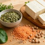 Kürbiskerne, Tofu und Hülsenfrüchte als pflanzliche Tryptophan-Quellen zur natürlichen Unterstützung des Serotoninstoffwechsels.