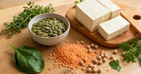 Kürbiskerne, Tofu und Hülsenfrüchte als pflanzliche Tryptophan-Quellen zur natürlichen Unterstützung des Serotoninstoffwechsels.