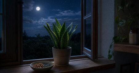 Ruhige Nachtszene mit weichem Mondlicht und Pflanze auf Fensterbank – symbolisiert die Tiefschlafphase und ihre regenerative Wirkung auf Gehirn und Körper.