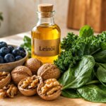 Stillleben mit Walnüssen, Blaubeeren, Blattgemüse und Leinöl als natürliche Hausmittel gegen Vergesslichkeit auf Holzuntergrund.