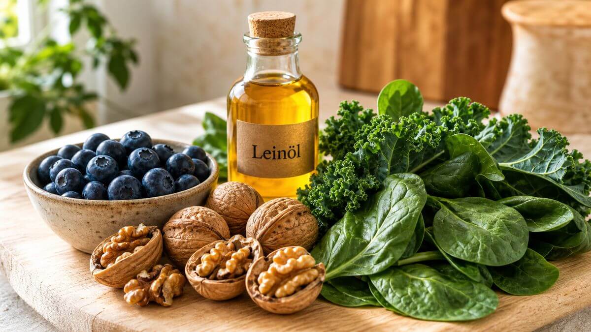 Stillleben mit Walnüssen, Blaubeeren, Blattgemüse und Leinöl als natürliche Hausmittel gegen Vergesslichkeit auf Holzuntergrund.