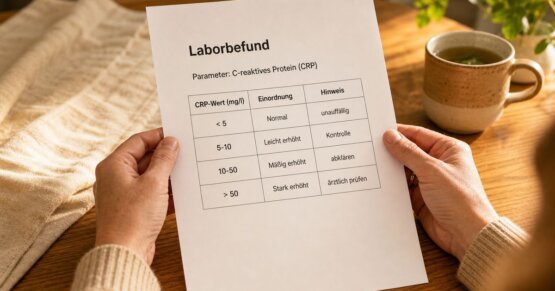 Hände halten einen Laborbefund mit erhöhtem CRP-Wert – Einordnung der Messwerte im Überblick.