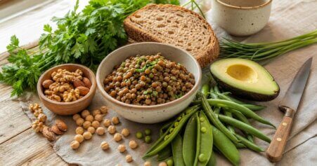 Stillleben mit ballaststoffreichen und proteinreichen Lebensmitteln wie Linsen, Kichererbsen, Nüssen und Gemüse auf einem Holztisch. Veranschaulicht, wie Ernährung beim Abnehmen ohne Sport wirkt.