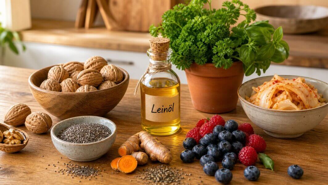 Stillleben mit antientzündlichen Lebensmitteln: Walnüsse, Chiasamen, Kurkuma, frische Beeren und Leinöl auf Holzuntergrund.