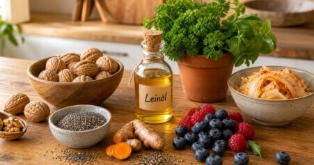 Stillleben mit antientzündlichen Lebensmitteln: Walnüsse, Chiasamen, Kurkuma, frische Beeren und Leinöl auf Holzuntergrund.