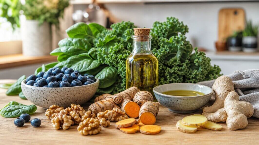 Stillleben mit antientzündlichen Lebensmitteln: Walnüsse, Kurkuma, Beeren, Blattgemüse und Leinöl auf Holzbrett angerichtet.