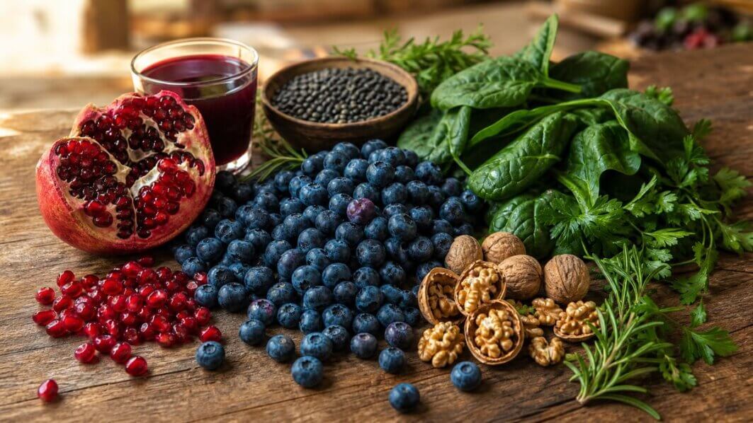 Stillleben mit antioxidantienreichen Lebensmitteln: Heidelbeeren, Granatapfel, Spinat, Walnüsse und Kräuter auf einem Holztisch.