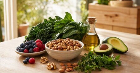 Stillleben mit herzgesunden Lebensmitteln: Nüsse, Olivenöl, Beeren und grünes Blattgemüse auf einem Holzbrett – natürliche Ernährung bei Arteriosklerose.
