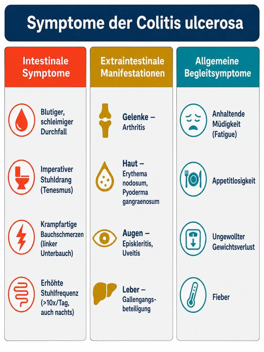 Infografik: Colitis ulcerosa Symptome – intestinale, extraintestinale und systemische Beschwerden im Überblick.