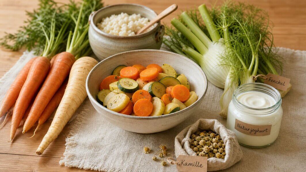 Stillleben mit darmfreundlichen Lebensmitteln wie Karotten, Zucchini und Fenchel – Ernährungsstrategien bei Colitis ulcerosa im Überblick.
