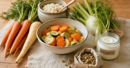 Stillleben mit darmfreundlichen Lebensmitteln wie Karotten, Zucchini und Fenchel – Ernährungsstrategien bei Colitis ulcerosa im Überblick.