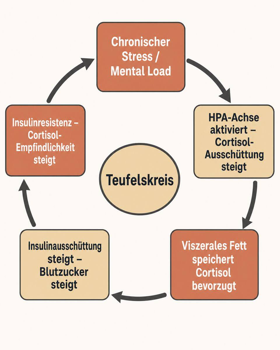 Infografik: Cortisol-Bauchfett-Kreislauf bei Frauen – von chronischem Stress über Insulinresistenz zurück zu erhöhter Cortisol-Empfindlichkeit.