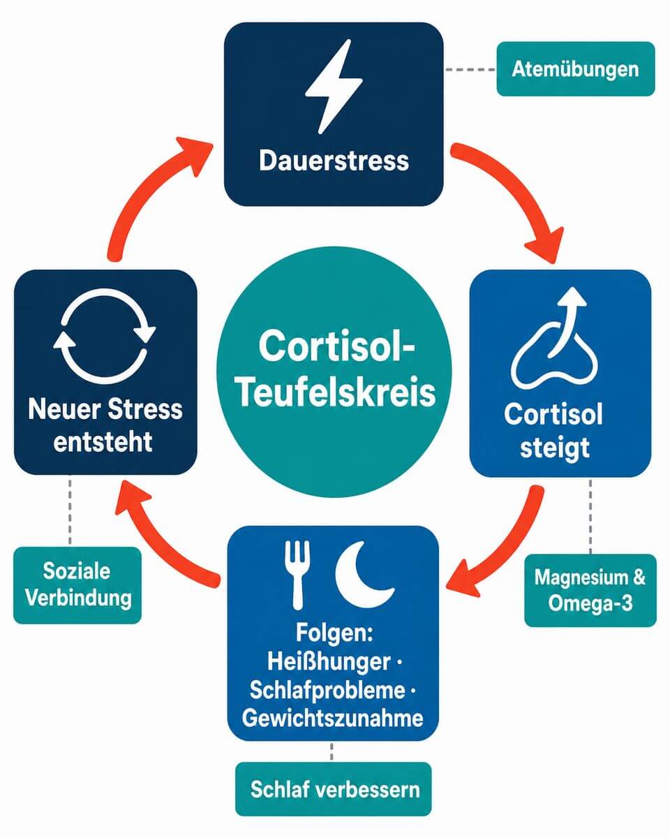 Infografik: HPA-Achse Stressreaktion – von Stress über Hypothalamus und Hypophyse zur Cortisol-Ausschüttung und deren Folgen für Hunger, Fett und Schlaf.