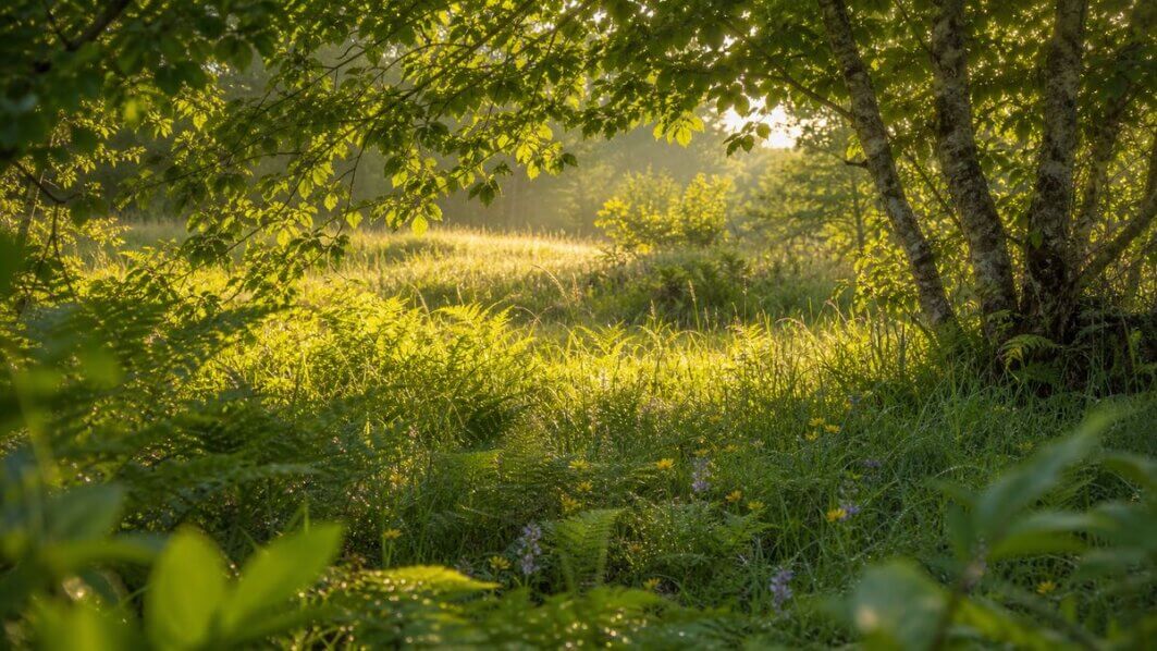 Ruhige Naturszene mit warmem Morgenlicht als Symbol für Stressabbau und Cortisol senken mit Hausmitteln.