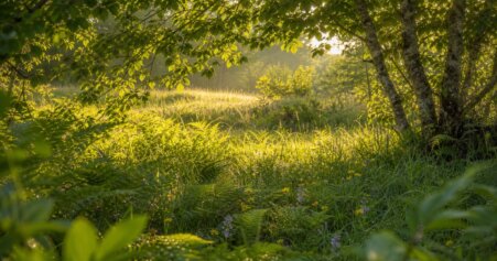 Ruhige Naturszene mit warmem Morgenlicht als Symbol für Stressabbau und Cortisol senken mit Hausmitteln.