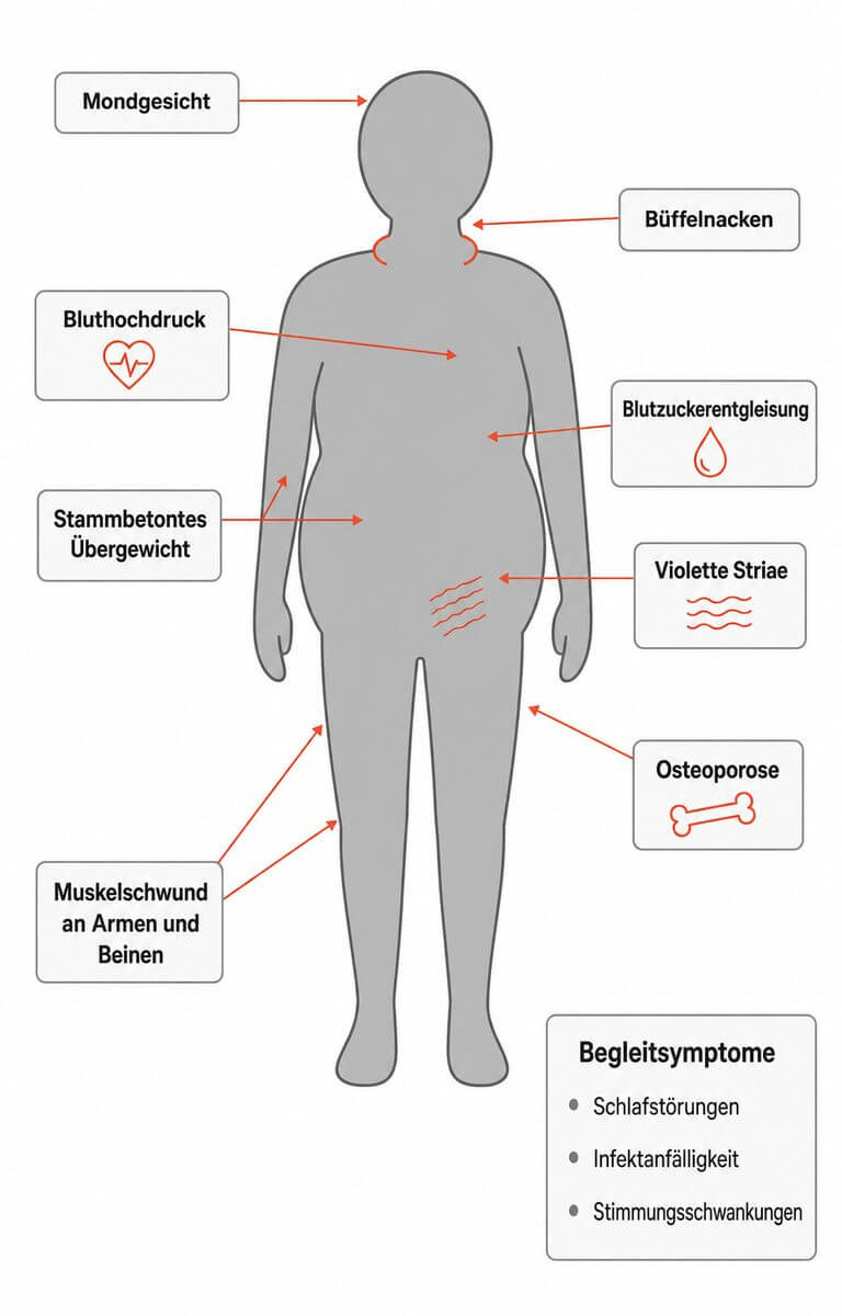 Infografik: Typische Symptome des Cushing-Syndroms – Mondgesicht, Büffelnacken, stammbetontes Übergewicht und violette Striae im Überblick.