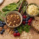 Stillleben mit ballaststoffreichen Lebensmitteln wie Hülsenfrüchten, Blattgemüse und Samen – Darm-Haut-Zusammenhang Ernährung.