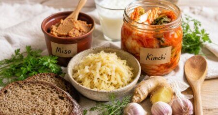 Stillleben mit Sauerkraut, Kimchi, Miso und Gemüse zur Unterstützung der Darmflora nach Antibiotika.