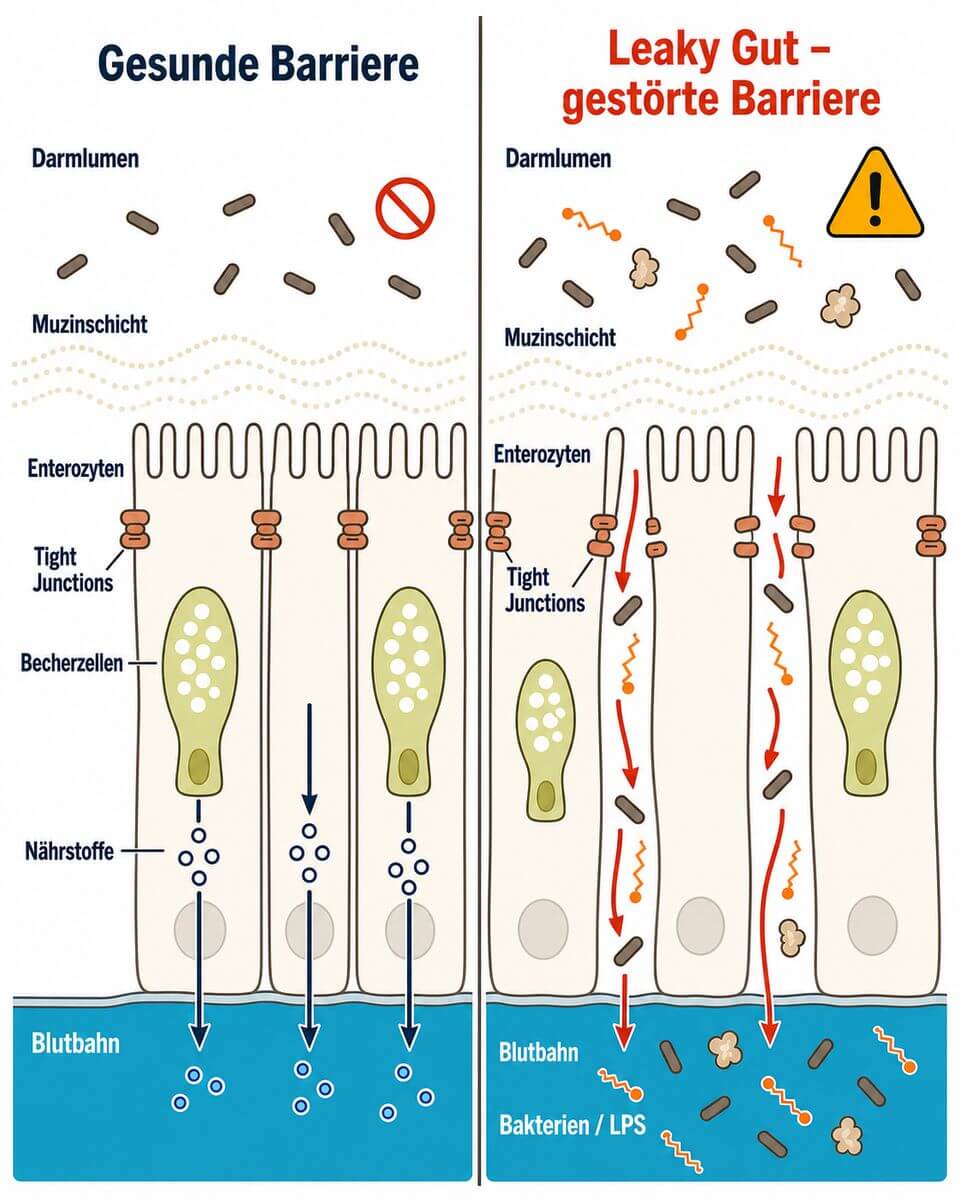 Infografik: Darmschleimhaut-Barriere – Tight Junctions intakt versus Leaky Gut im direkten Vergleich.