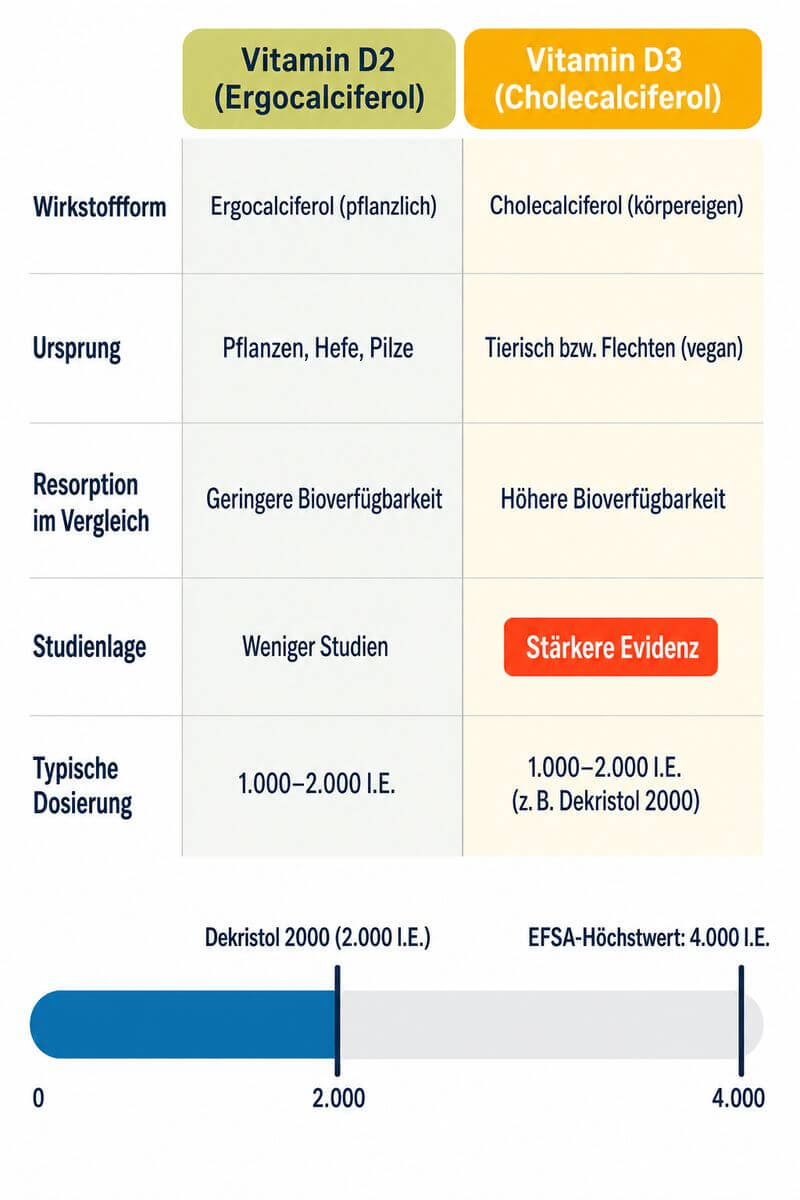 Infografik: Vitamin D2 vs. D3 – Unterschiede in Wirkstoff, Quelle und Dosierung im Überblick