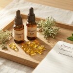 Dekristol 2000 und Vitamin-D-Kapseln als Stillleben auf Holztablett