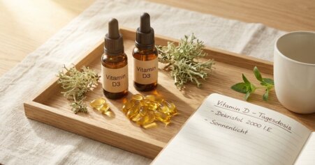 Dekristol 2000 und Vitamin-D-Kapseln als Stillleben auf Holztablett