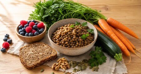 Stillleben mit ballaststoffreichen Lebensmitteln für eine darmfreundliche Ernährung bei Divertikulitis: Hülsenfrüchte, Nüsse, Gemüse und Vollkornprodukte auf einem Holztisch.