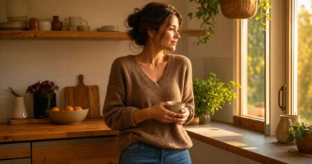 Frau steht abends nachdenklich in der Küche mit einer Tasse Tee – Moment der Selbstwahrnehmung beim emotionalen Essen.