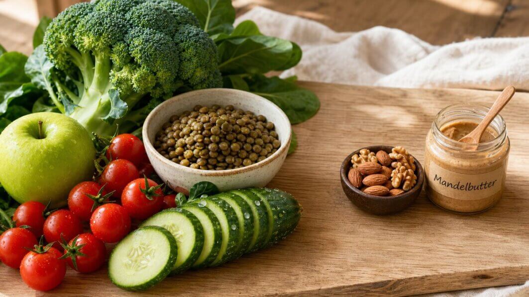 Stillleben mit wasserreichen Lebensmitteln wie Wassermelone, Gurke und Salatblättern neben einer kleinen Portion Cashews und Trockenfrüchten – visueller Vergleich zur Energiedichte in der Ernährung.