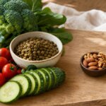Stillleben mit wasserreichen Lebensmitteln wie Wassermelone, Gurke und Salatblättern neben einer kleinen Portion Cashews und Trockenfrüchten – visueller Vergleich zur Energiedichte in der Ernährung.