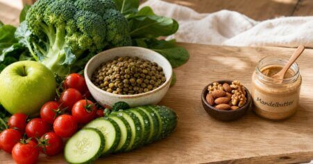 Stillleben mit wasserreichen Lebensmitteln wie Wassermelone, Gurke und Salatblättern neben einer kleinen Portion Cashews und Trockenfrüchten – visueller Vergleich zur Energiedichte in der Ernährung.