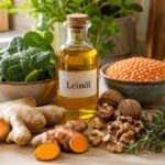 Stillleben mit entzündungshemmenden Lebensmitteln: Leinöl, Kurkuma, Ingwer, Walnüsse und grünes Blattgemüse auf Holzuntergrund.